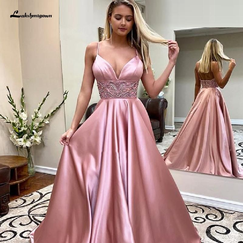 Compra Vestidos De Fiesta Magnífico Rubor Rosado Rosa Satinado Largos  Perlas De Baile Cintura 2021 Vestidos Elegantes Mujeres Vestido De Noche  Formal Correas De Espagueti Barato | Entrega Rápida Y Calidad | Es.Dhgate