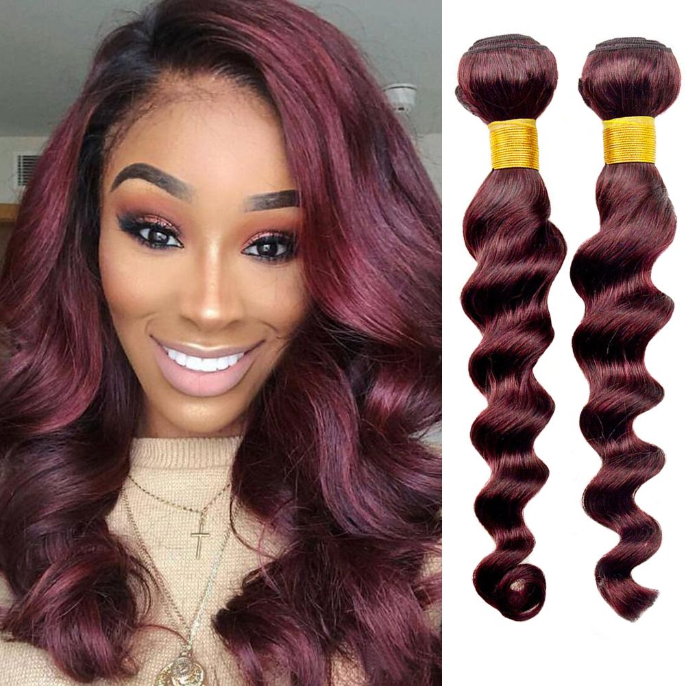 Peruvian Virgin Hair Burgundy Loose Wave Bundles Human Sew In Hair