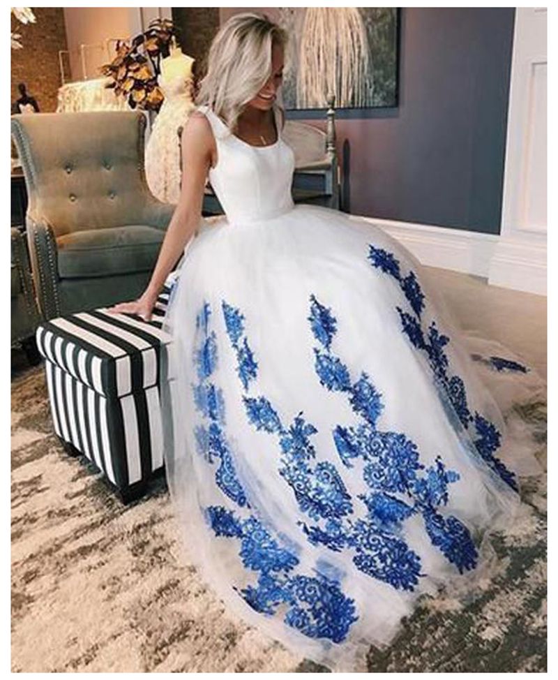 White and Royal Blue A Line Wedding Dresses Lace Taffeta Appliques Bridal Gowns 