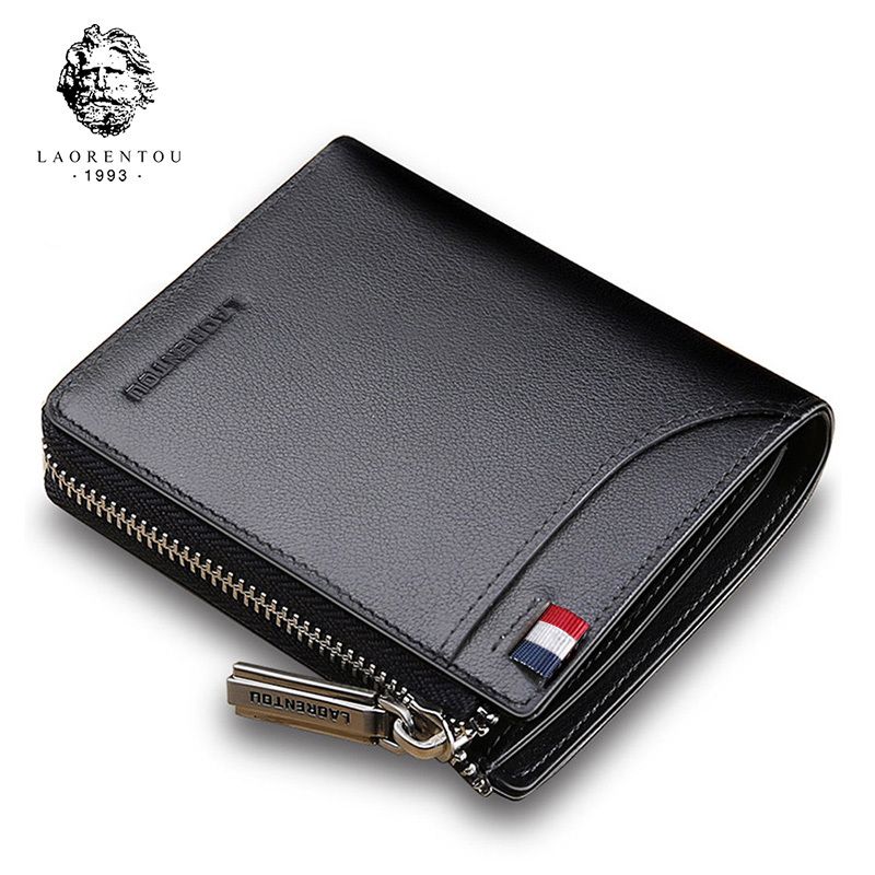 LAORENTOU Men's Wallets Dark Blue Genuine Cow Leather RFID Blocking Gift Box Packaging Leather Mens Bifold Wallets with Zipper Coin Pocket Casual Men Purse Slim Short Wallet Gift for Father Birthday 