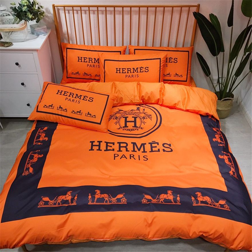 Brand Design Orange Bedding Cover H Letter Print Pattern Duvet