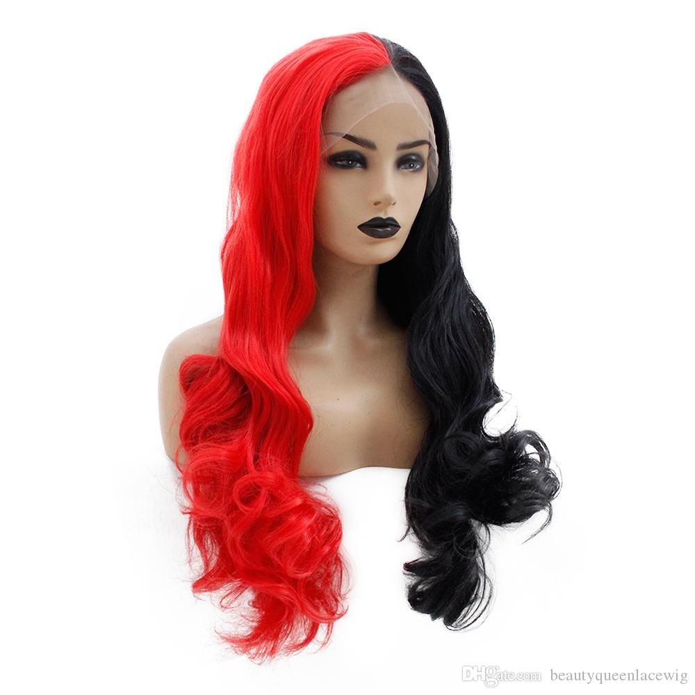 New Style Half Red Half Black Long Wavy Fiber Hair Lace Front Wig Heat Resistant Synthetic Wigs For Cosplay Make Up From Sexylacewigs 45 23 Dhgate Com