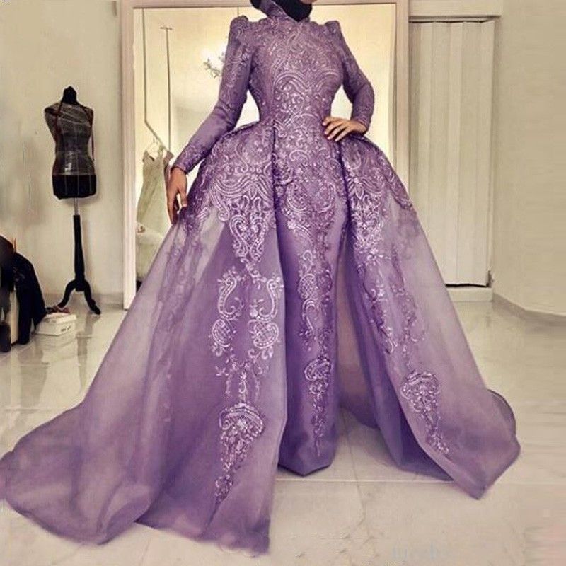 Arabic Lavender Muslim Prom Dresses 