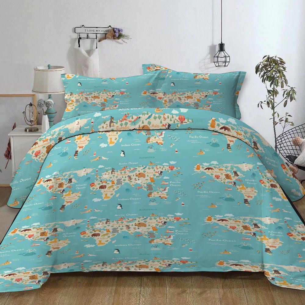 World Map Bedding Set Single Cartoon Creative Animals Blue Duvet