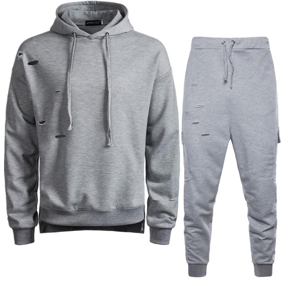 Men Autumn Winter Leisure Suit Hollow Hole Sweatshirt Tops Pant Set Tracksuit L