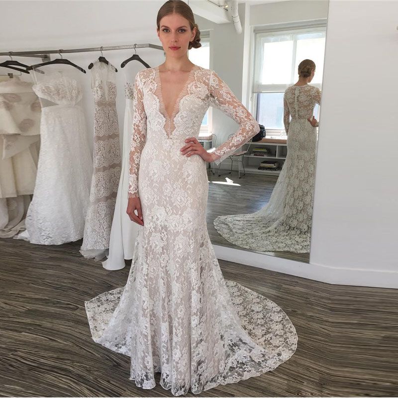 Graceful French Lace Mermaid Wedding Dresses Deep V Neck Long