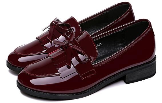 Nuevos zapatos casuales de primavera de tacón charol para mujer con de borla sin cordones con punta redonda Bowtie en 34-40