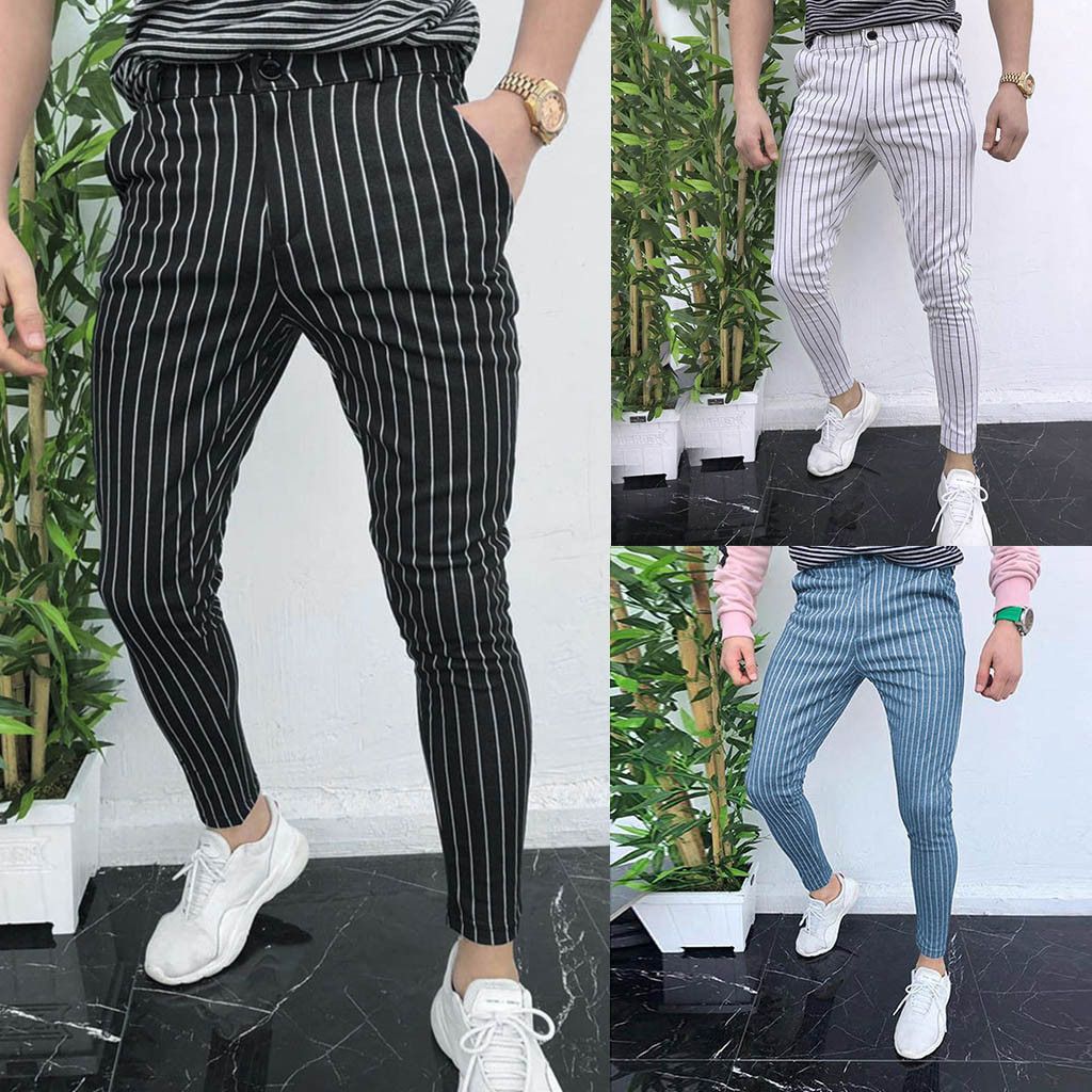 Hombres rayados del Pantalones Pantalones Casual botón de culturismo delgado pantalones de Pantalón masculino