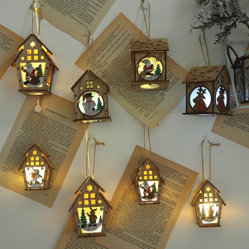 Ornaments Christmas Tree Hanging Decoration Diy Wood Cottage Led Illuminate Santa Snowman Elk Home Wall Decor Ornament Gift Christmas Home Decorating