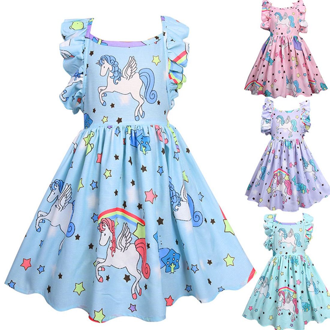 2020 New Girls Rainbow Unicorn Dress Colorful Star Falbala Sleeve