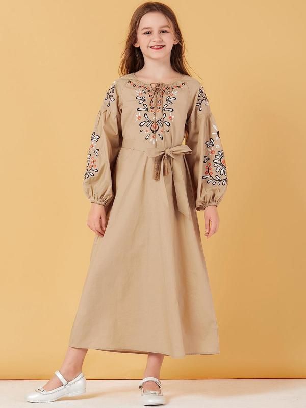 2021 Girls Ethnic Floral Embroidery High Waist Dress Muslim Abaya Dress ...