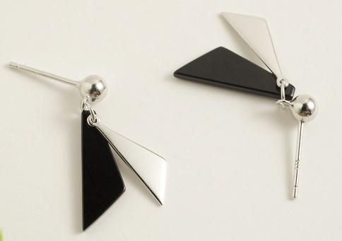 black cowhide gift for her leather jewelry TRIANGLE KOMBI earrings black handmade sterling silver leather silver earrings