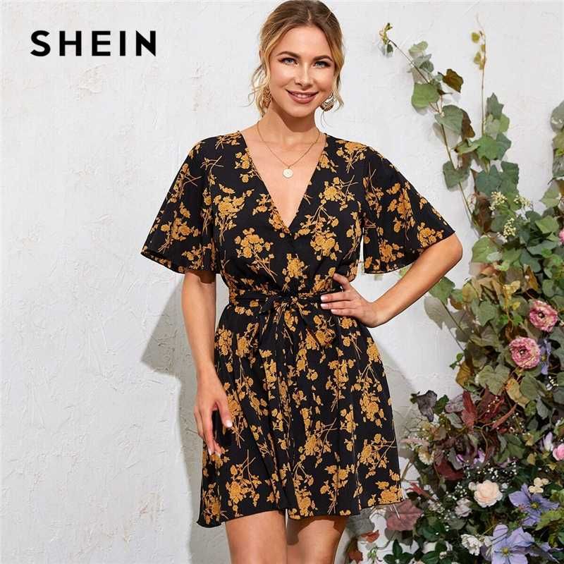 Compra Shein Multicolor De La Manga De Bell Con Cinturón Y Estampado Floral  Vestido De Verano De Las Mujeres De Cintura Alta Con Cuello En V Una Línea Vestidos  Acampanados Boho Mini