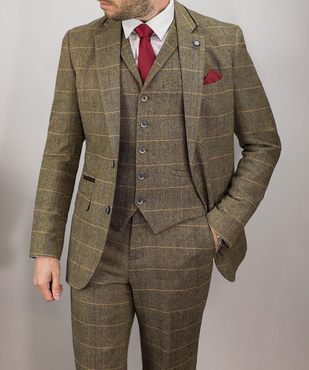 Men Designer Brown Tweed Herringbone Three Piece Suit Official Wool ...