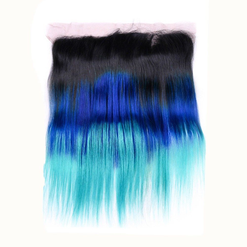 1b Blue Teal Ombre Human Hair 3bundles With Frontal Straight Black