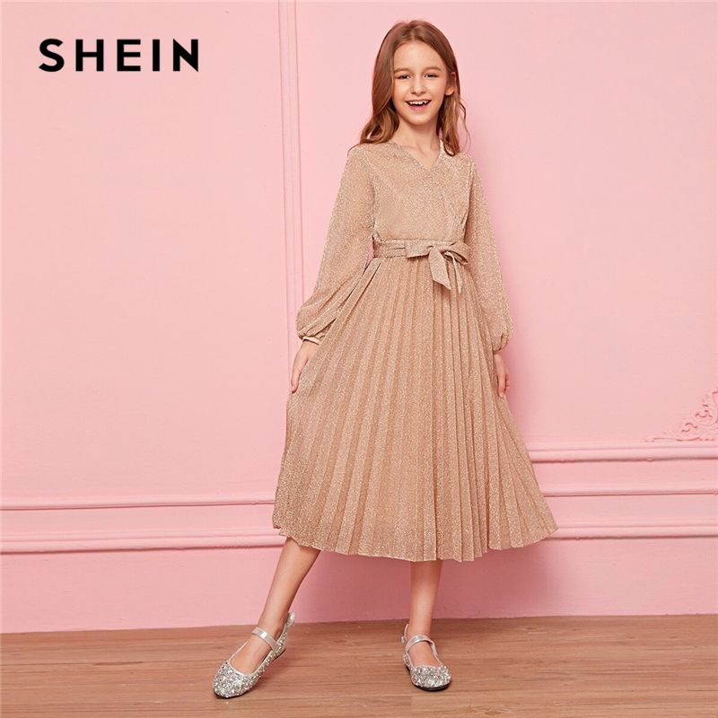 Compra Shein Kiddie Rosa Pastel Niñas Sobrepelliz Wrap Con Cinturón Plisado  Vestido De Brillo Para Niños 2019 Otoño Obispo De La Manga V Vestidos De  Cuello Acampanados Barato | Entrega Rápida Y