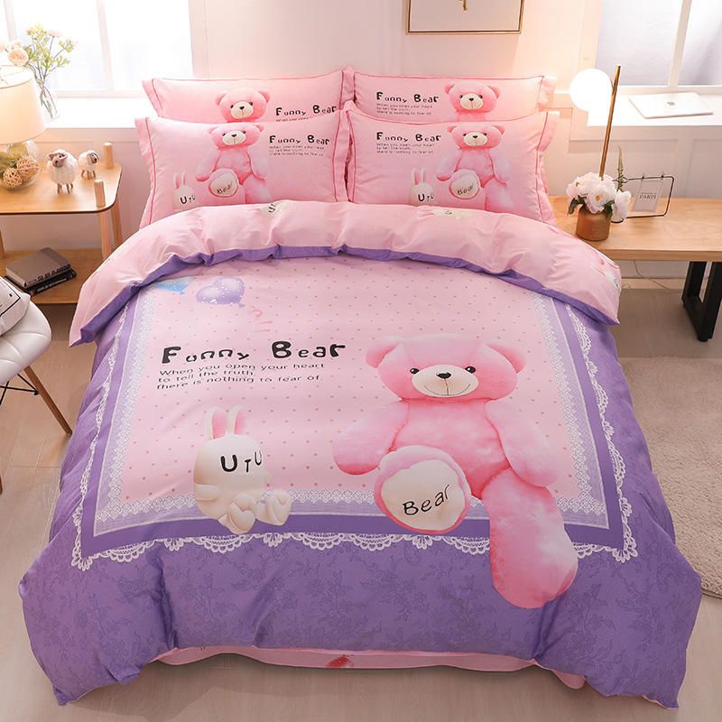 Cute Cartoon Bear Panda Dog Print Kids Bedding Set Queen King Size