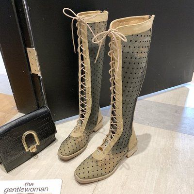 Botas caladas de verano Correas cruzadas Botas altas romanas 2019 nuevas de malla tubo largo grueso con zapatos de mujer