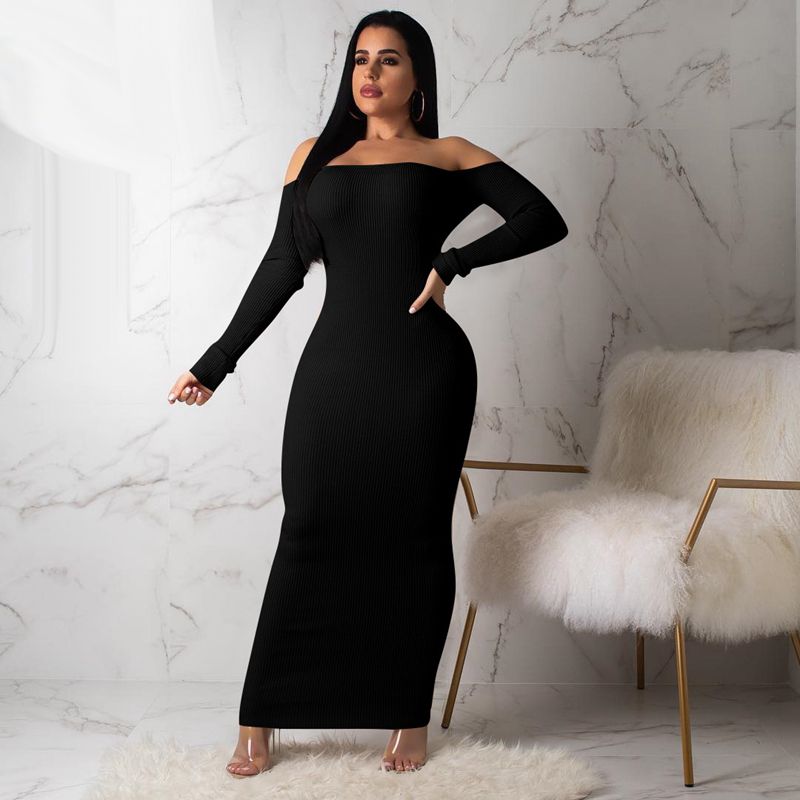 Backless Ribbed Sexy Sweater Dress Fashion Women Slash Neck Long Sleeve Floor Length Vestido 2019 Spring Off Shoulder Long Maxi Dress Casual White
