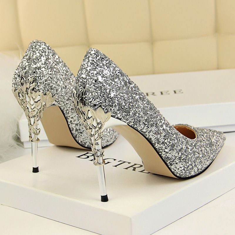 Fashion Shiny Silver Gold Sequined Wedding Shoes Bling Crystal Evening ...
