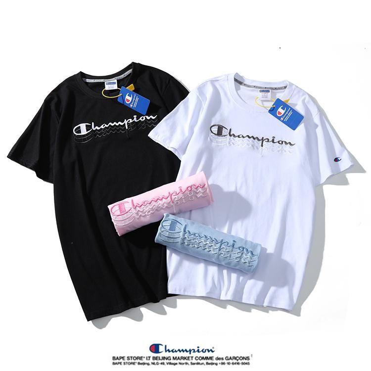 white champion shirt with blue letters