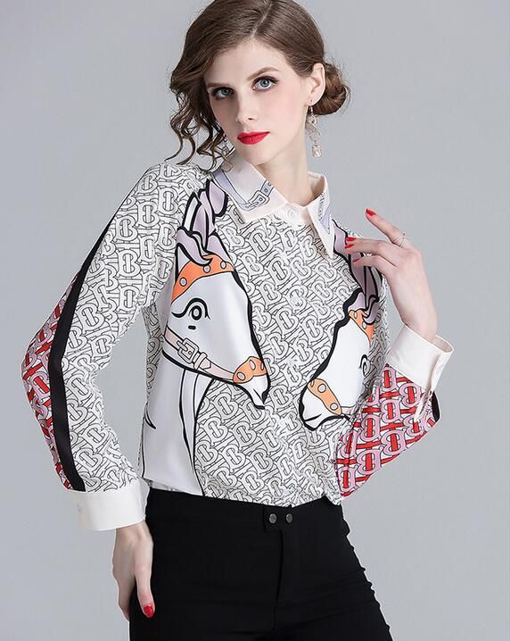 Gris, caballos, de impresión, detalle, manga larga, camisas de estilo OL, damas,