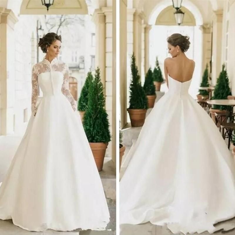 Acquista 2019 Abiti Da Sposa In Raso A Line Mozzafiato Con Maniche Lunghe Giacca Di Pizzo Abiti Da Sposa Su Misura Due Pezzi Abiti Da Matrimonio A 120 43 Dal Toprated Dhgate Com