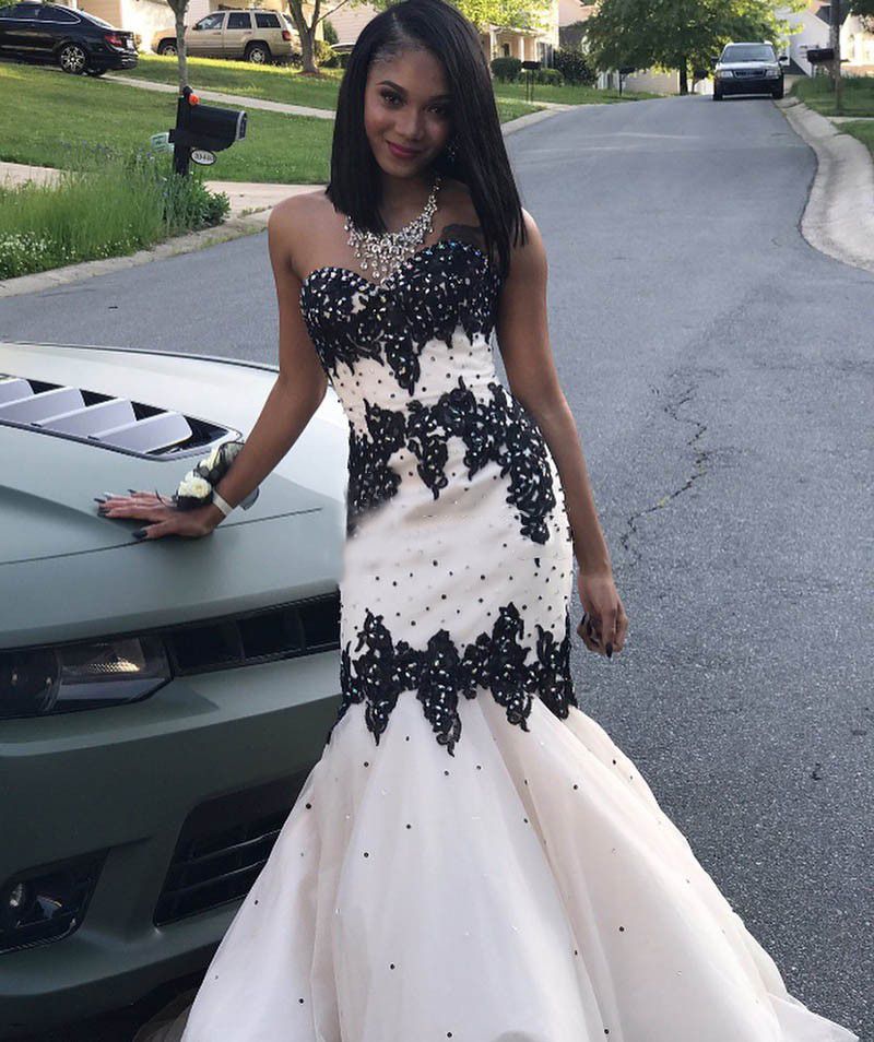 Black Girls Prom Dresses With Black Appliques 2019 Mermaid Sweetheart Organza Floor Length Formal Evening Party Dresses Plus Size CP0216 Celebrity