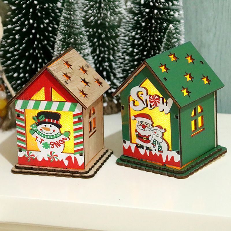 Christmas Desk Ornaments Wooden Diy Assembly House With Led Candle
