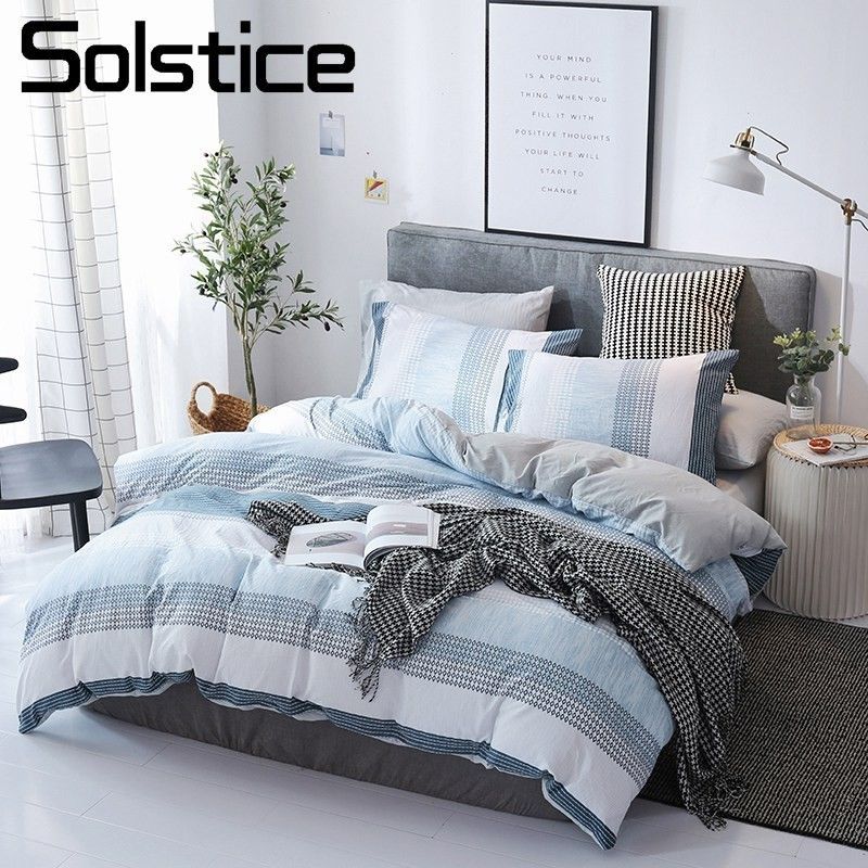 Solstice Home Textile Blue Stripe Nordic Simple Bedding Set White