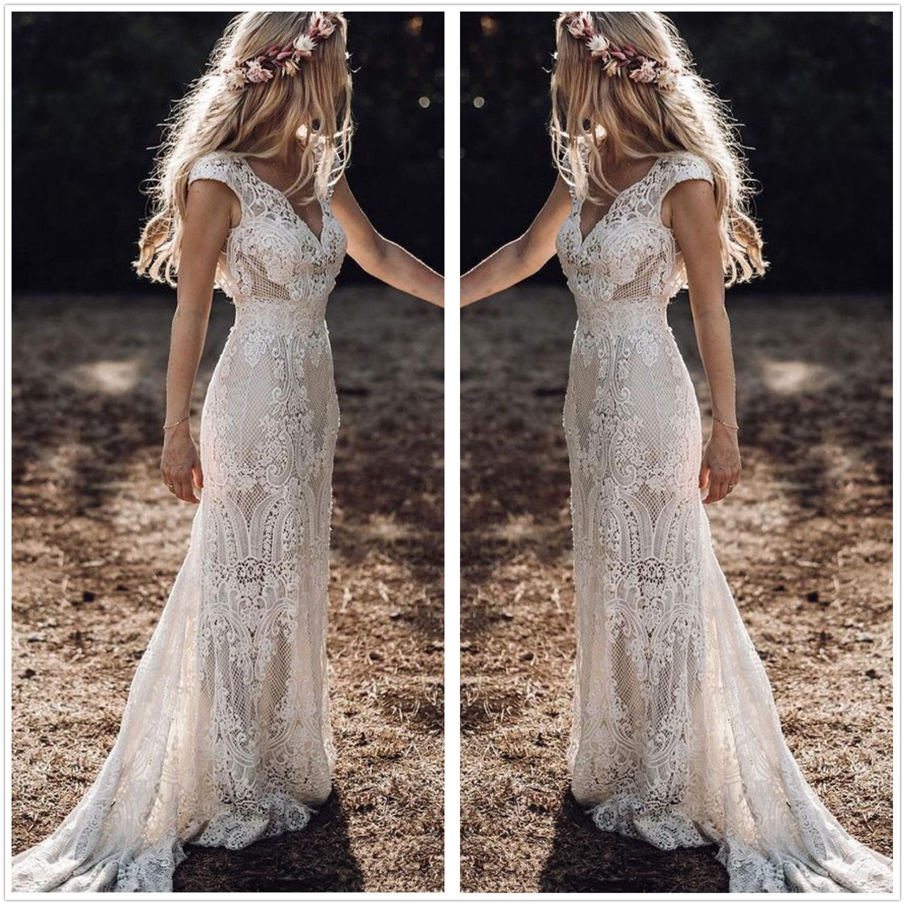 Cap Sleeves Lace Mermaid Wedding Dresses 2020 V Neck Bohemia Lace