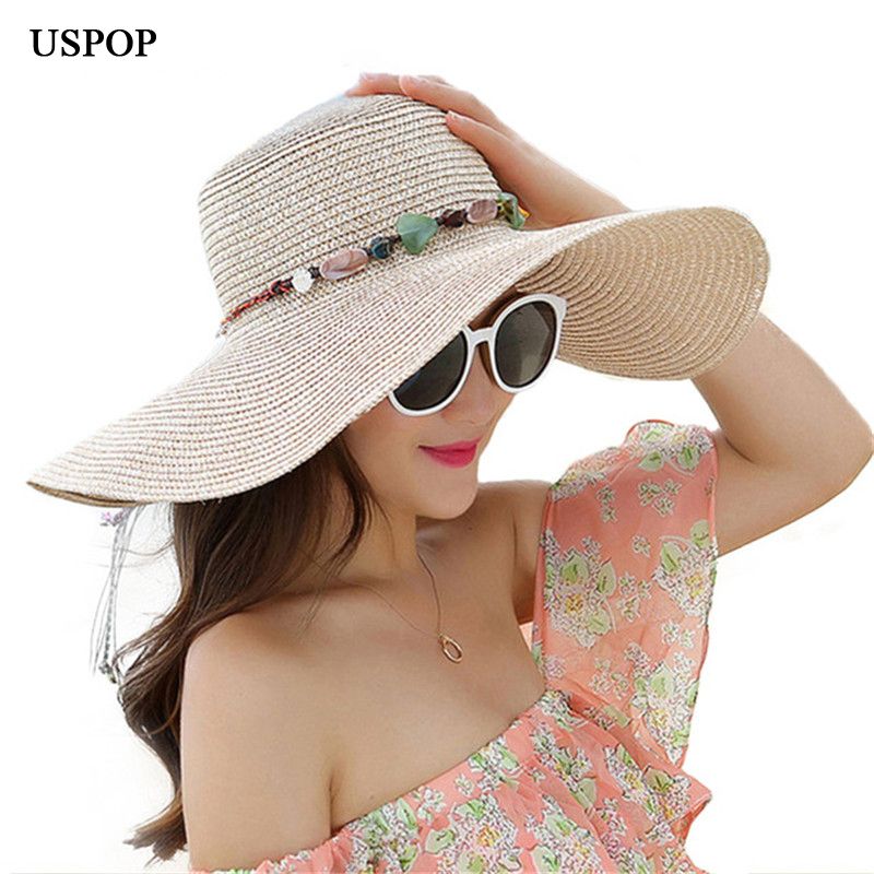 USPOP 2019 Mujeres calientes Big Brim Sun Hats Plegable Colorido Piedra Mana hecha Sombrero paja