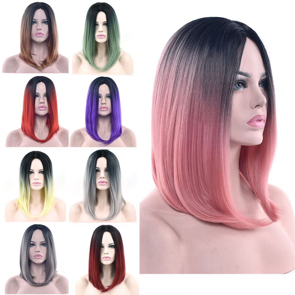Soowee Black To Pink Ombre Hair Straight Bob Wigs Synthetic Hair