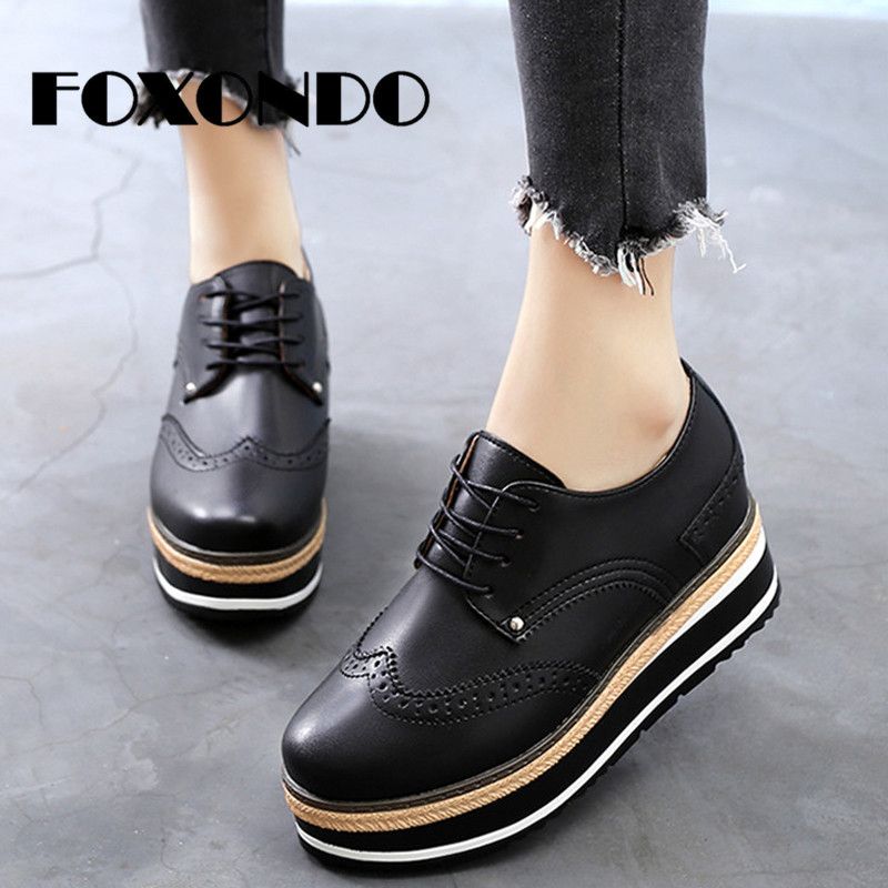 Foxondo 2019 Autumn New Women Platform Oxfords Shoes Lace Up