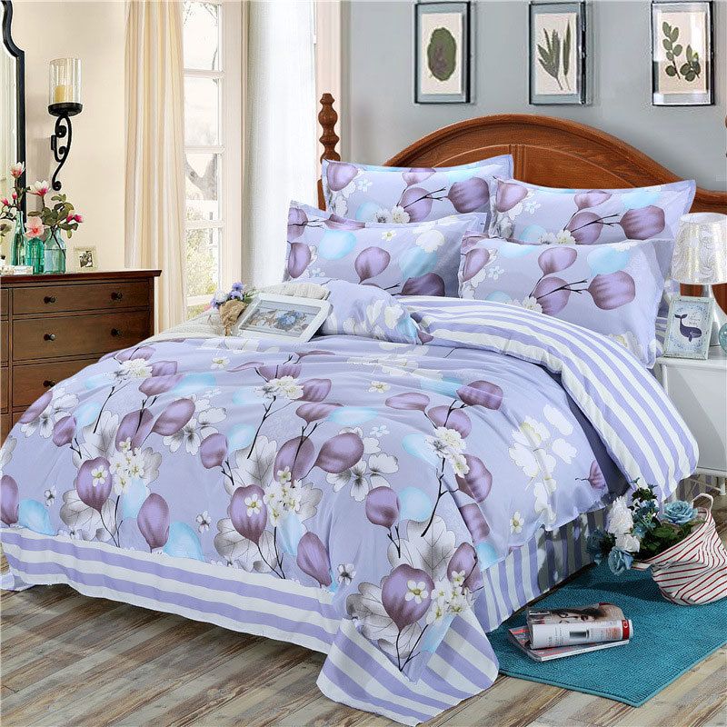 Purple Flower Kid Bed Cover Set Cartoon Duvet Cover Adult Child