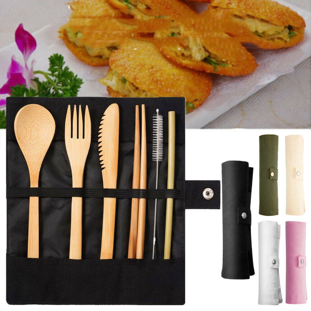 6-Pcs Bamboo Utensils Set Reusable Eco Friendly Portable Travel Cutlery Flatware