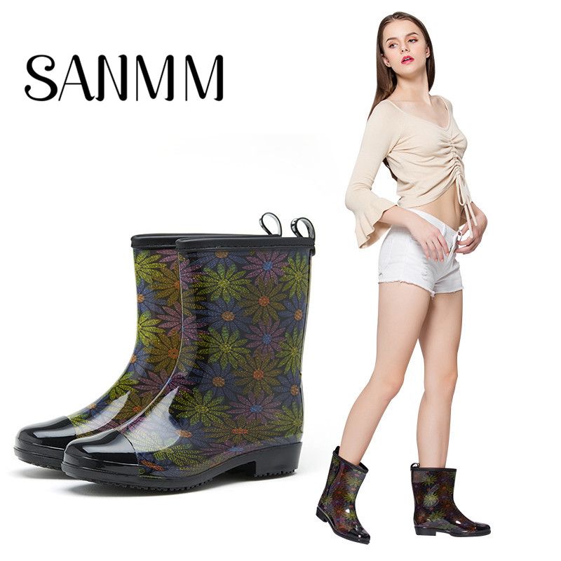 Sanmm Women Non Slip Mid Calf Winter Rainboots Warm Socks Inserts