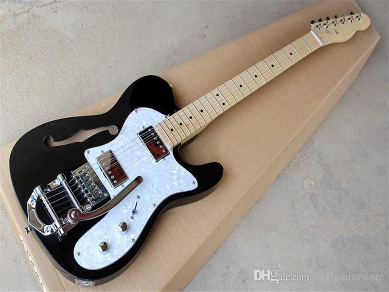 Semi Hollow Electric Guitar With Black Body And White Pearl Pickguard