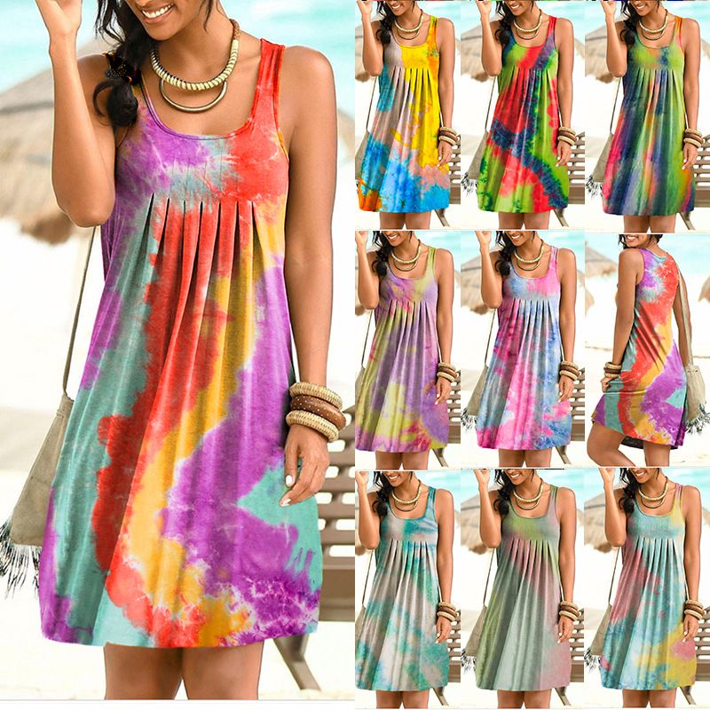 Casual Dresses Women Off Shoulder Wrap summer sleeveless round neck big swing short skirt factory direct printing tie-dye women`s dress Plus Size S-5XL