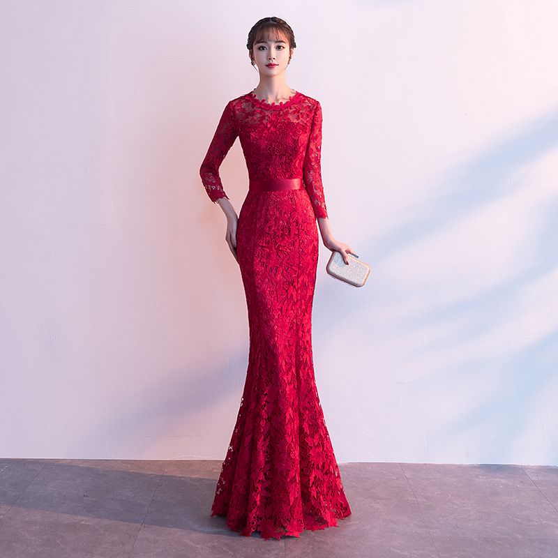 Lace Mermaid Evening Dresses With 3 4 Long Sleeves 2020 Red Long