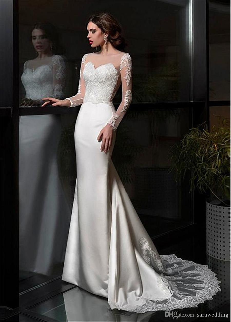 Scoop Neck Long Sleeve White Ivory Lace Mermaid Wedding Dress Gowns Custom Size