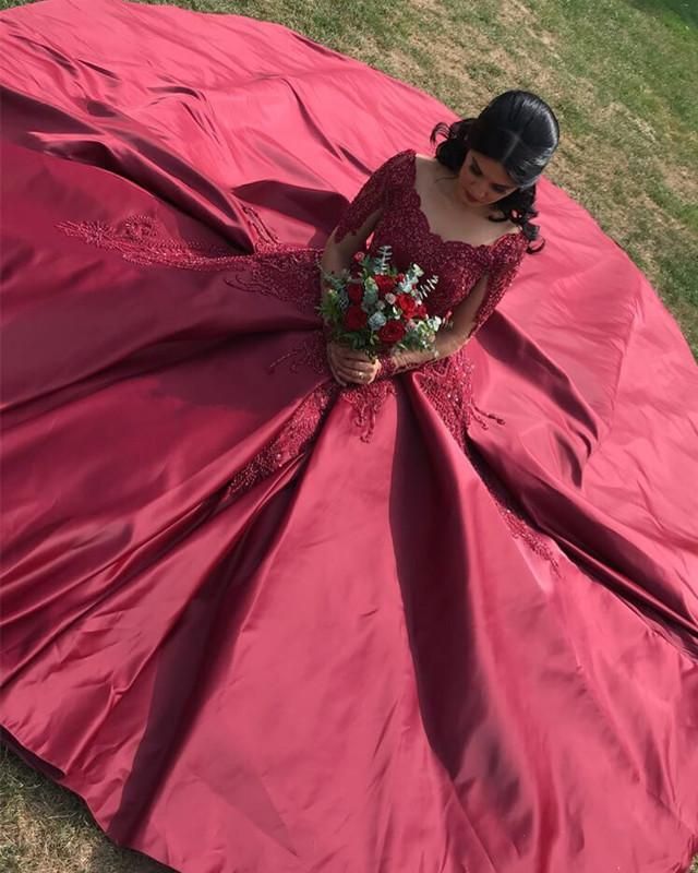 2020 Sexy Wine Red Wedding Dresses Ball Gown Scoop Neck Long