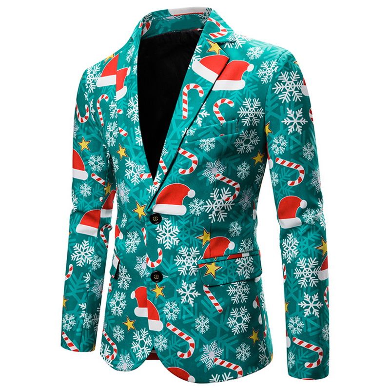 Men Christmas Blazers Jacket Fashion 3D Cartoon Christmas Print Suit Jackets For Party Slim Casual Green Men Christmas Blazers Jacket Fashion 3D Cartoon Christmas Print Suit Jackets For Party Slim Casual Green