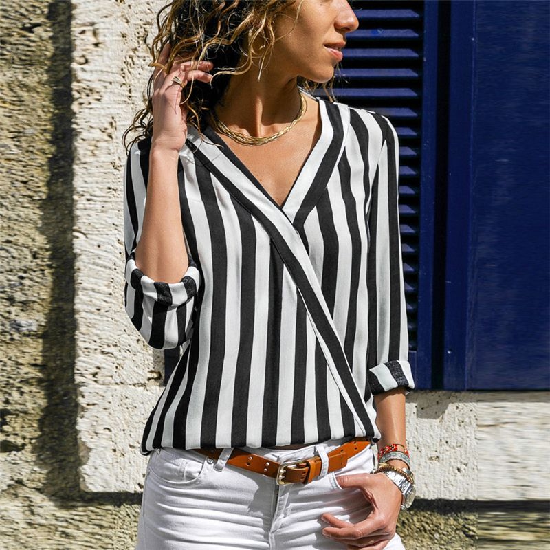Blusa de rayas mujer de larga Blusa con cuello en v Camisas Blusas casuales y Chemisier Femme Blusas Mujer de Moda 2018