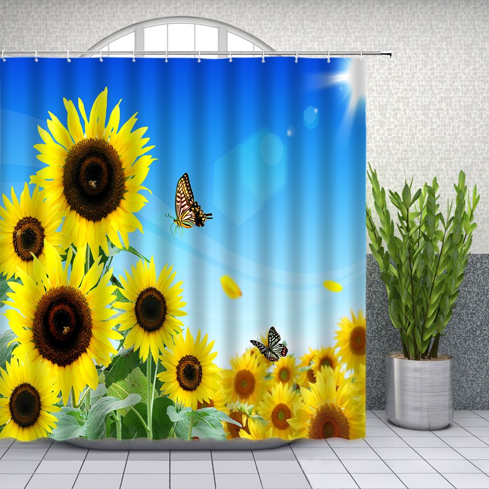 2020 Sunflower Butterfly Shower Curtains Yellow Flower Green Leaf Plant Bathroom Decor Home Bath Waterproof Curtain 70 X 70 Inch With Hooks From Party8 11 86 Dhgate Com