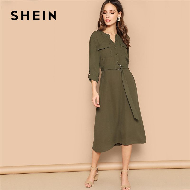 Compra SHEIN Vestido Largo Verde Con Bolsillo De Manga Larga Con Cuello  Redondo Y Manga Larga Para Mujer Vestido Informal De Manga Larga Con Cuello  Redondo De Primavera Vestidos Midi Para Mujer