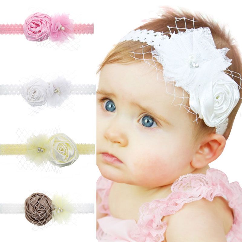 Baby Girls Headbands Candy Color Lace Rose Flowers Elastic
