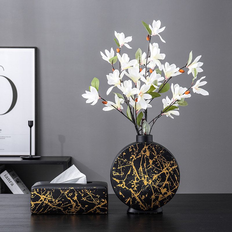 Nordic Ceramic Vase Marble Texture Black Gold Pattern Round Vases
