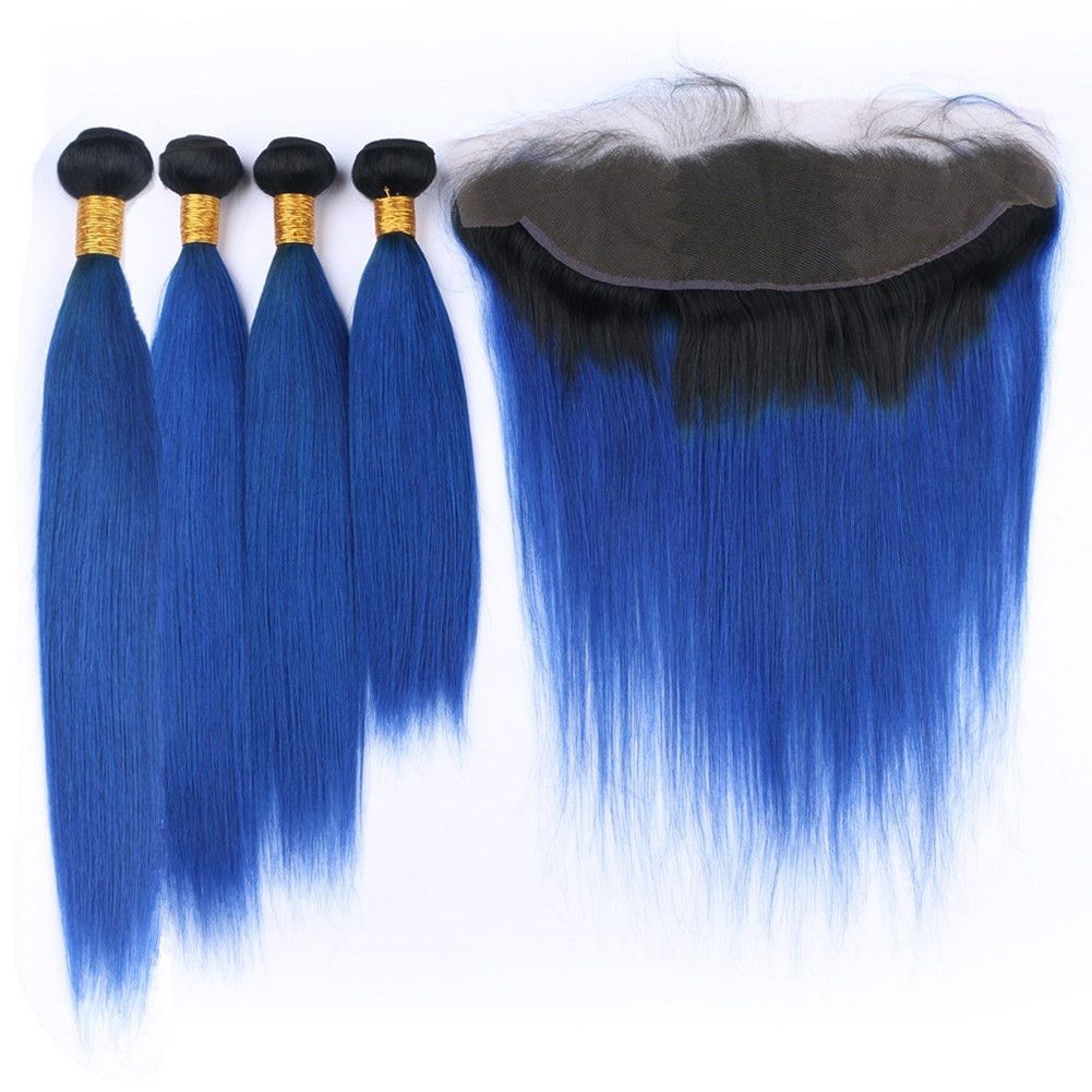 2019 Black And Dark Blue Ombre Human Hair Frontal Lace Closure 13x4 With 4bundles 1b Blue Ombre Malaysian Straight Weaves Virgin Hair Extensions From