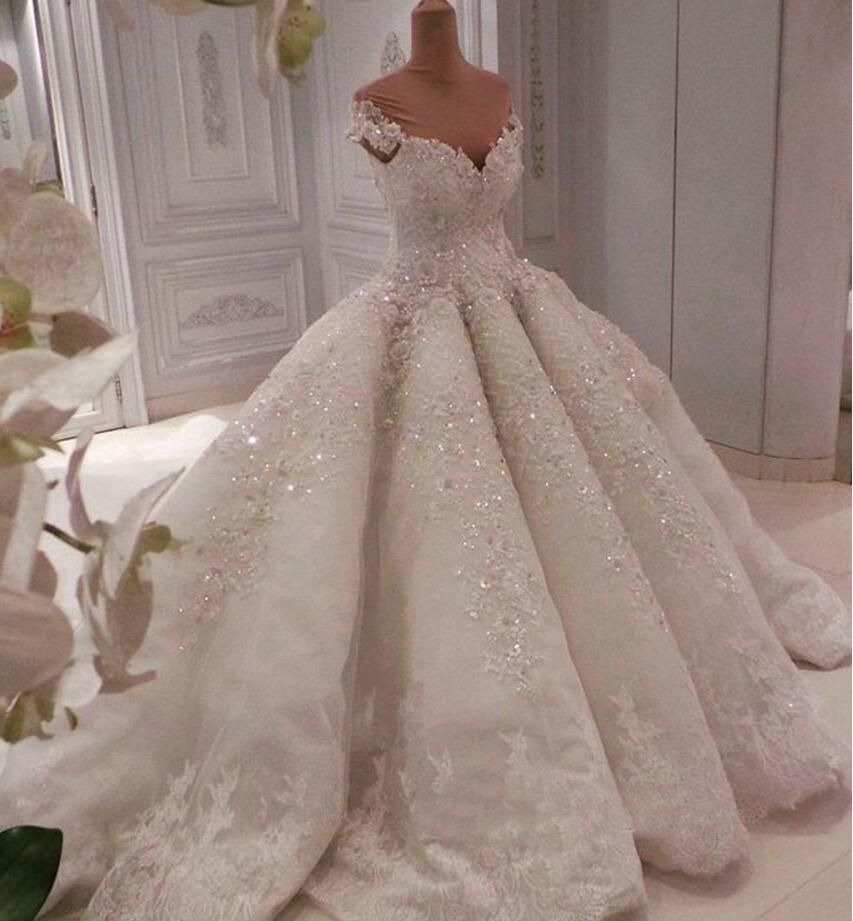 Glamorous Lace Appliqued Ball Gown Wedding Dresses Off the Shoulder Bridal Dress Chapel Train A Line Wedding Gowns Custom Vestidos de Novia Glamorous Lace Appliqued Ball Gown Wedding Dresses Off the Shoulder Bridal Dress Chapel Train A Line Wedding Gowns Custom Vestidos de Novia